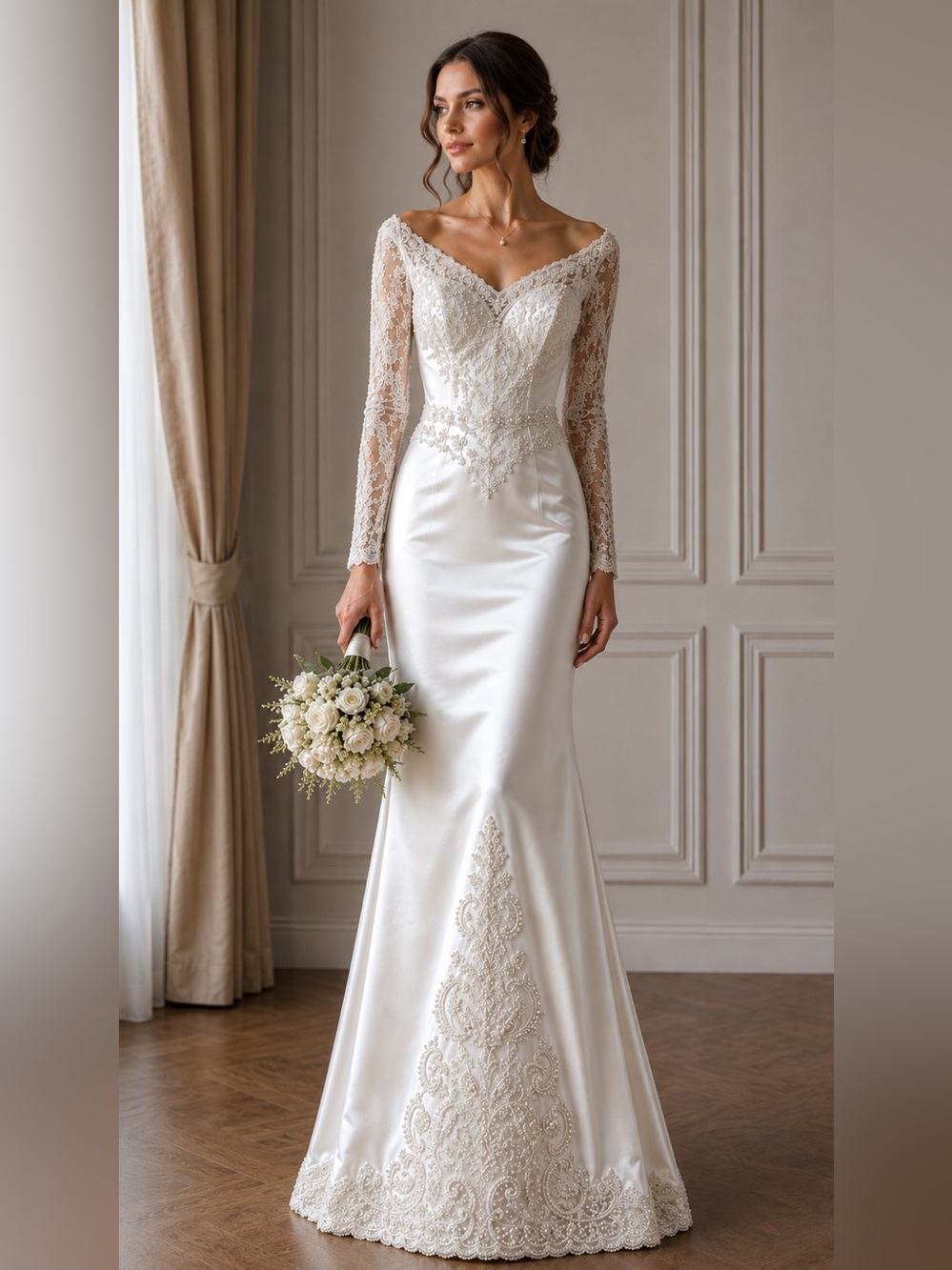 VTG Satin Beaded Wedding Dress with Double Train Size 10